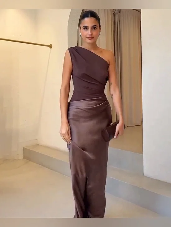 One-Shoulder Chocolate Brown Satin Evening Gown - Picture 1 of 4
